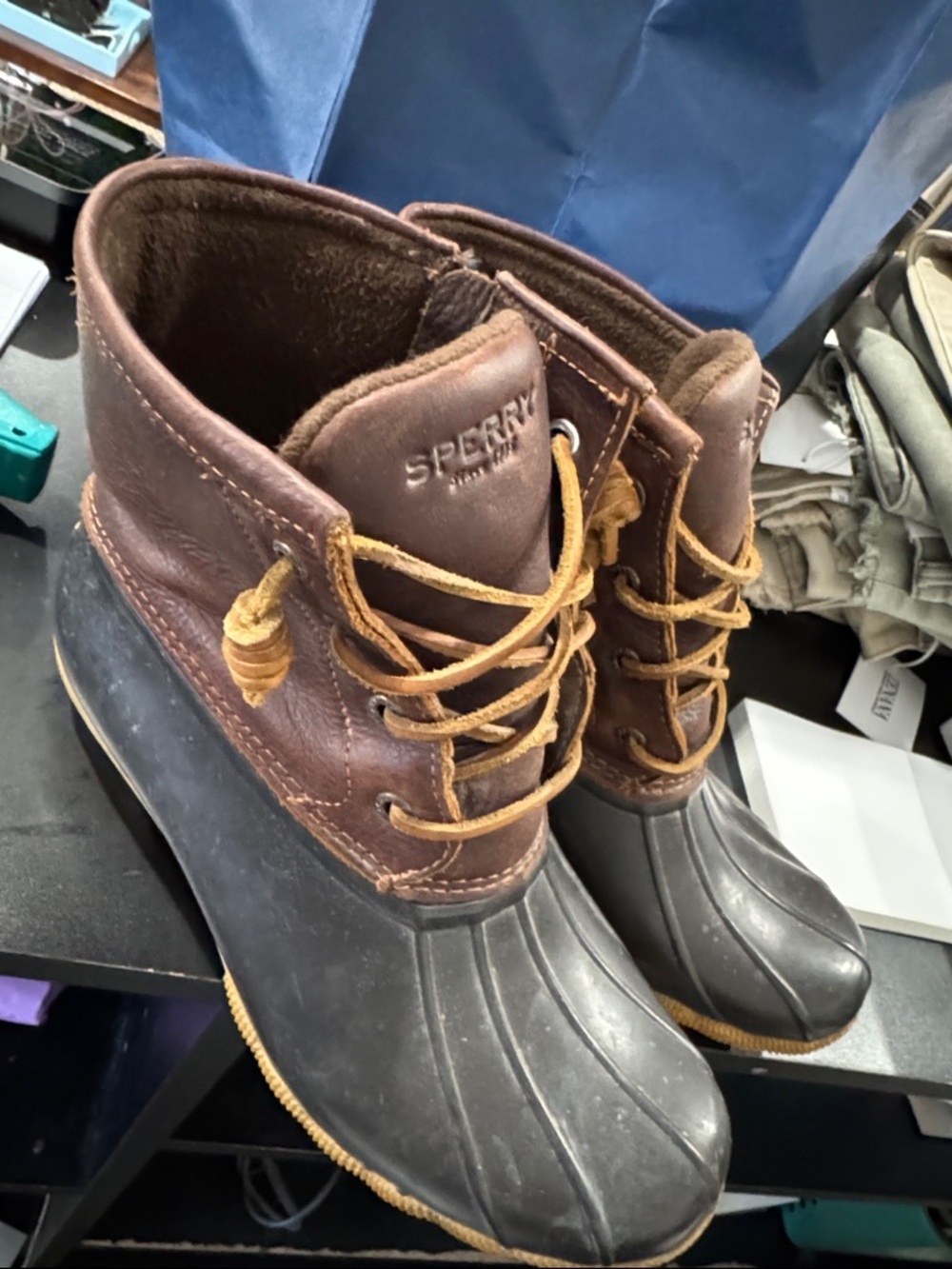 Sperry Two-Tone Brown Leather and Black Rubber Duck Boots